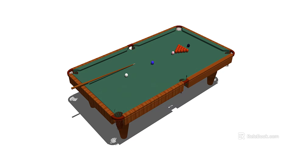 Professional Billiard Table With Green Felt Surface Wooden Frame And Cue Stick 3d model 
