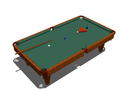 Professional Billiard Table With Green Felt Surface Wooden Frame And Cue Stick 3d model