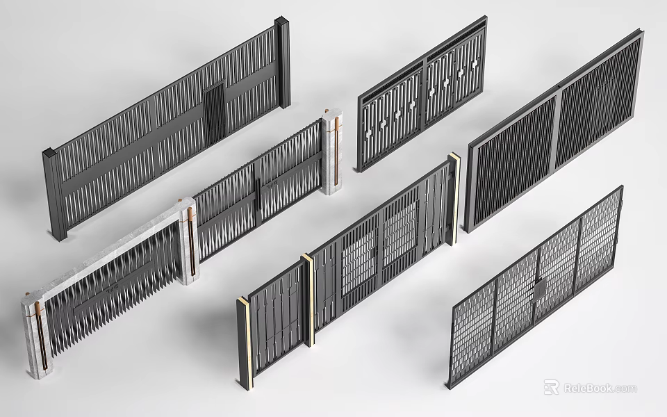 Modern Entrance Gates With Various Slatted Panel And Geometric Design Styles For Home Exterior 3d model 