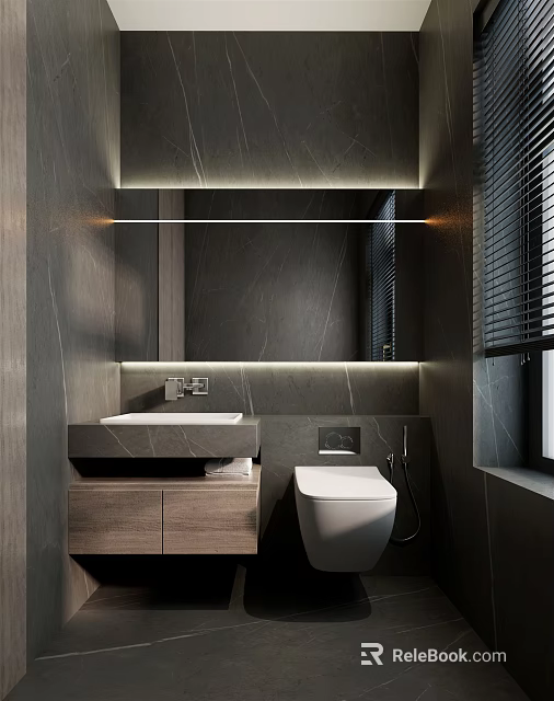 Modern Bathroom Interior With Gray Marble Walls Sink Toilet Mirror And Wooden Cabinet 3d model 