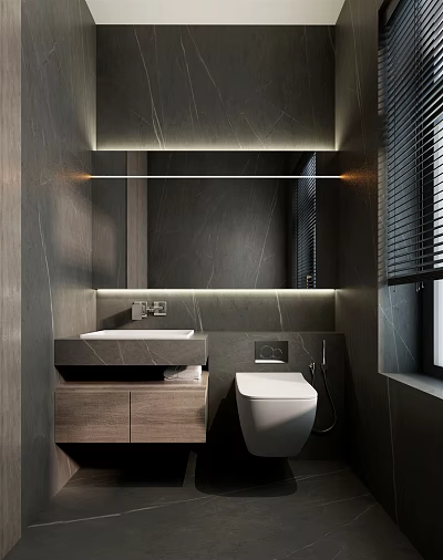 Modern Bathroom Interior With Gray Marble Walls Sink Toilet Mirror And Wooden Cabinet 3d model
