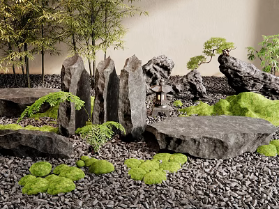 Natural Garden Ornament With Black Stones Green Moss Ferns And Bamboo Plants 3d model
