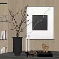 Decorative Ornament Set with Black Vase Branches White Candles Wooden Spheres Pinecones and Abstract Painting