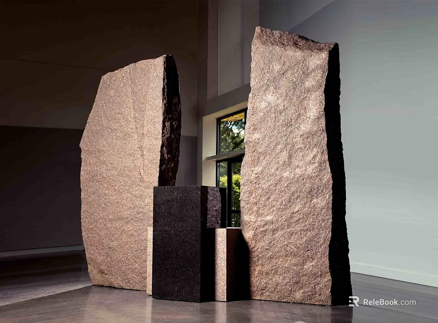 Large Stone Blocks With Black And Light Wooden Blocks In Indoor Display Space With Window 3d model 