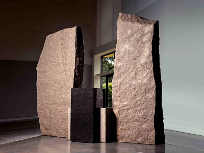 Large Stone Blocks With Black And Light Wooden Blocks In Indoor Display Space With Window 3d model