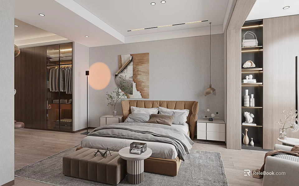 Modern Bedroom Interior With Upholstered Headboard Artwork Nightstand And Walk-in Closet 3d model 