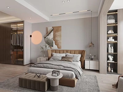 Modern Bedroom Interior With Upholstered Headboard Artwork Nightstand And Walk-in Closet 3d model