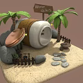 Cartoon Happy Island Scene With Palm Trees Round Hut Sandy Beach And Stone Path