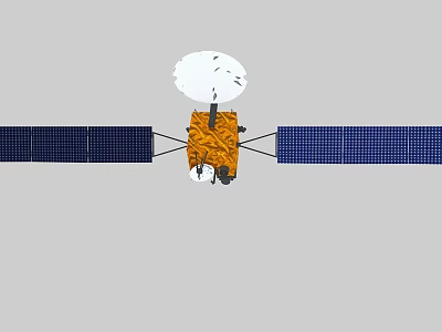 Orbiting Satellite Featuring Orange Body Blue Solar Panels And White Antenna 3d model