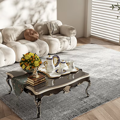 Elegant Coffee Table With Flower Vase Tea Set And Books In Luxurious Living Room 3d model