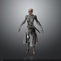 Fantasy Female Character in Silver Red Armor with Long Hair Standing on Gray Background