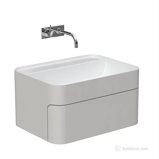 Modern White Ceramic Bathroom Washbasin With Rectangular Shape And Wall Mounted Faucet 3d model