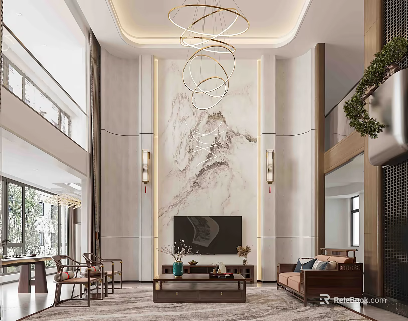 Modern Living Dining Room Interior With Marble Wall Chandelier And Sofa Design 3d model 