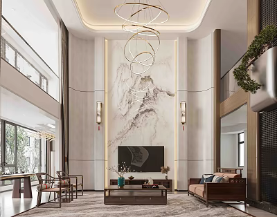 Modern Living Dining Room Interior With Marble Wall Chandelier And Sofa Design 3d model