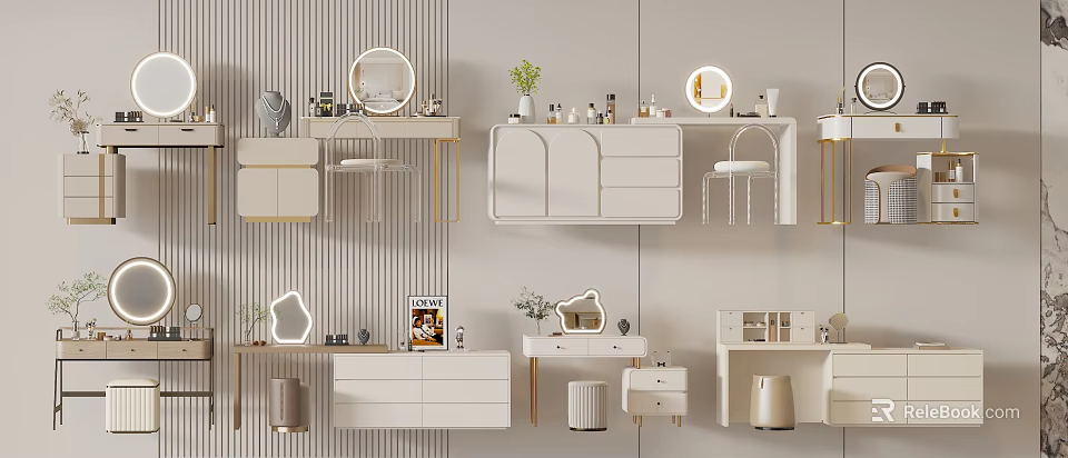 Modern Minimalist Dressing Tables With Round Mirror Drawers And Decorative Plants 3d model 
