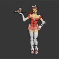 Robot Maid Character in Red White Outfit Holding Tray With Cup Dessert And Mechanical Arms