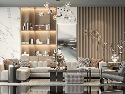 Elegant Modern Sofa and Coffee Table Set With Marble Wall Wooden Paneling and Glass Chandelier 3d model