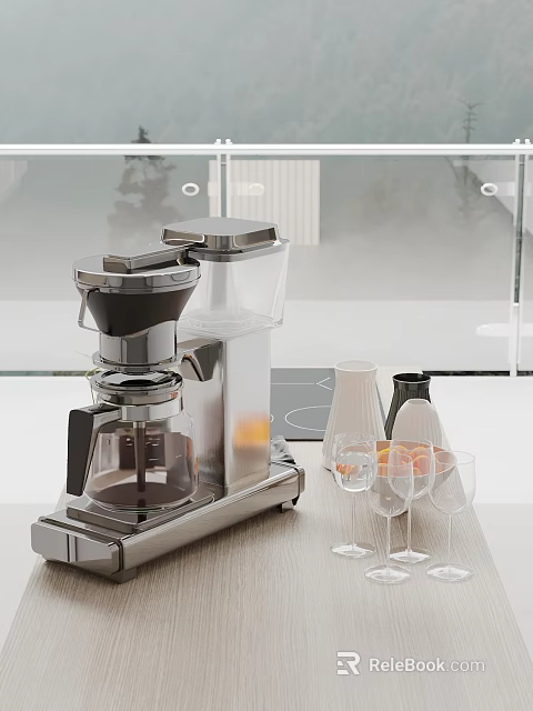 Modern Kitchen Countertop Featuring Coffee Maker Wine Glasses And Vases 3d model 