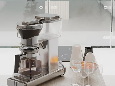 Modern Kitchen Countertop Featuring Coffee Maker Wine Glasses And Vases 3d model