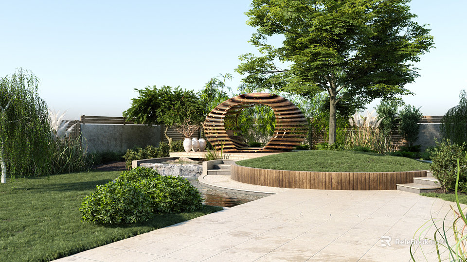 Modern Courtyard Garden With Wooden Circular Arch Lush Grass Lawn Green Trees And Stone Pathway 3d model 