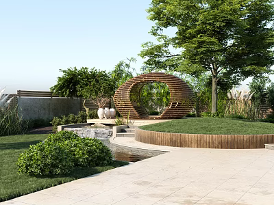Modern Courtyard Garden With Wooden Circular Arch Lush Grass Lawn Green Trees And Stone Pathway 3d model