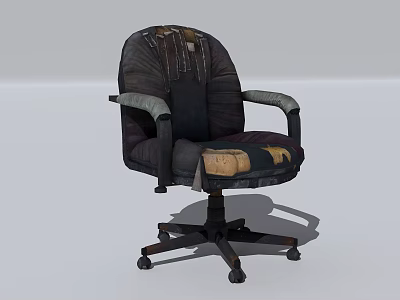 Worn Office Chair with Tattered Upholstery Patched Backrest Damaged Seat Dark Wheeled Base and Armrests 3d model