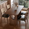 Wooden Dining Table Set With Woven Back Leather Seat Chairs And Natural Light
