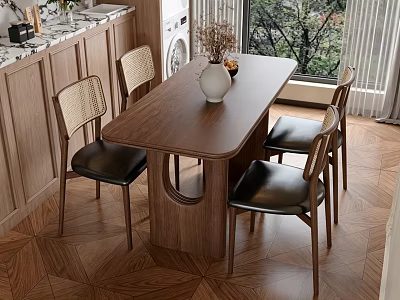Wooden Dining Table Set With Woven Back Leather Seat Chairs And Natural Light 3d model