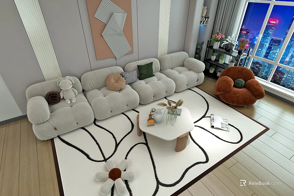 Modern Living Room Light L Shaped Sofa Coffee Table Set With Area Rug And Armchair 3d model 