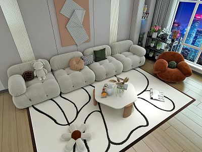 Modern Living Room Light L Shaped Sofa Coffee Table Set With Area Rug And Armchair 3d model