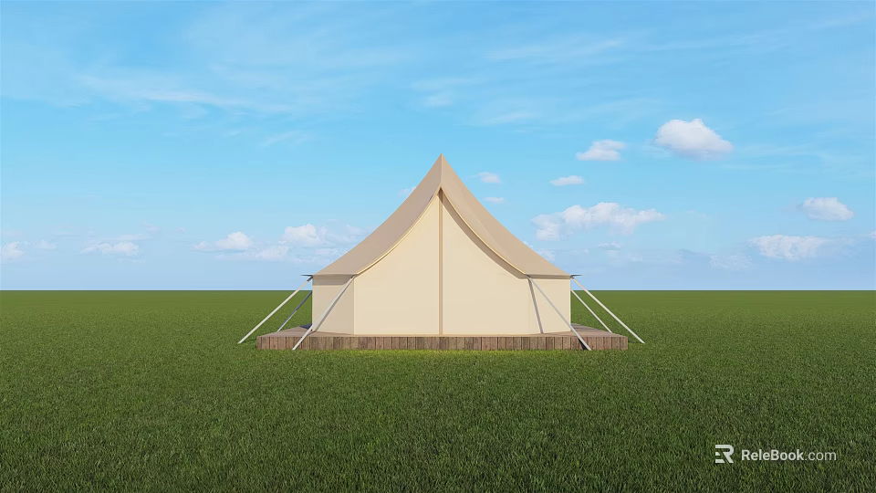 Beige Pointed Top Tent On Wooden Platform With Green Grassland Blue Sky White Clouds 3d model 