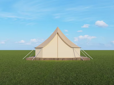 Beige Pointed Top Tent On Wooden Platform With Green Grassland Blue Sky White Clouds 3d model