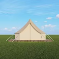 Beige Pointed Top Tent On Wooden Platform With Green Grassland Blue Sky White Clouds