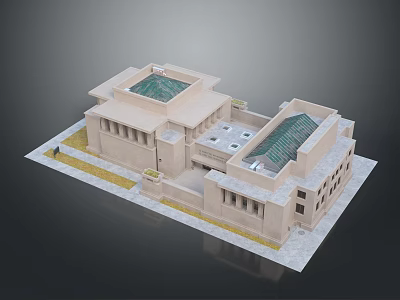 Beige Architectural Building Model With Courtyard Glass Roof And Stone Columns Design 3d model
