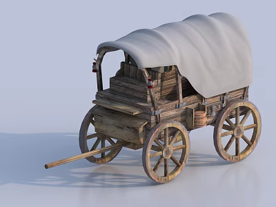 Antique Wooden Wagon With White Canvas Cover And Traditional Wooden Wheels 3d model