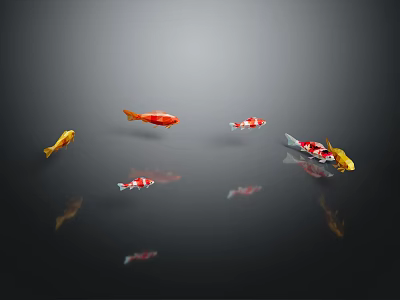 Colorful Koi Fish Swimming In Dark Water With Various Colors And Reflections 3d model