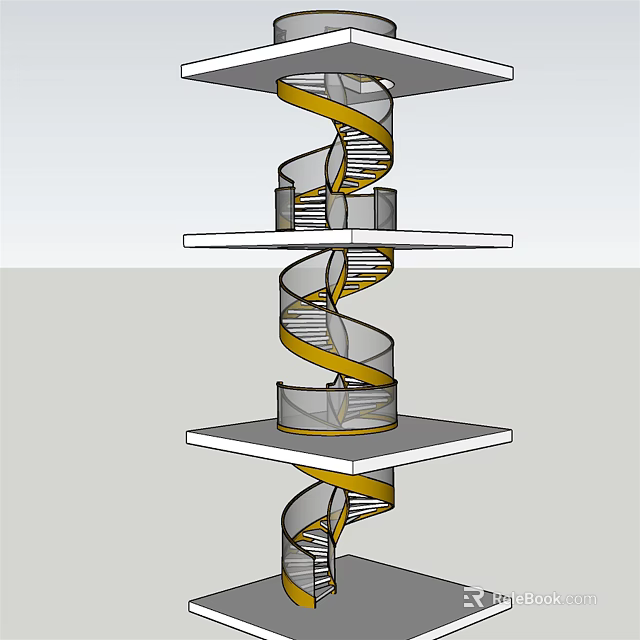 Modern Spiral Staircase Design with Multiple Platforms and Yellow Railings 3d model 