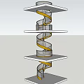 Modern Spiral Staircase Design with Multiple Platforms and Yellow Railings 3d model