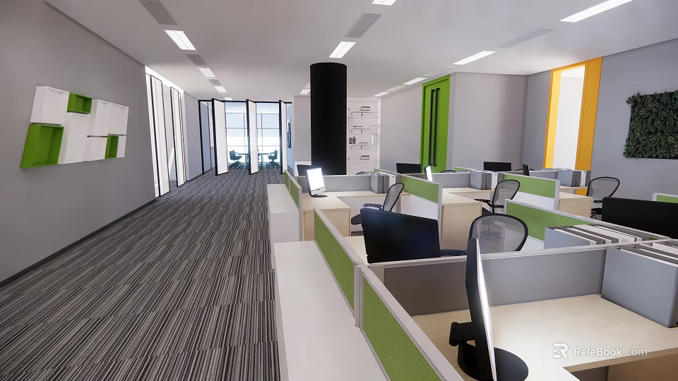 Modern Public Office Space Interior With Cubicles Computers Desks And Lighting 3d model