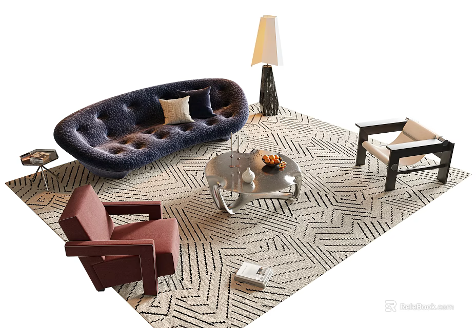 Stylish Sofa And Coffee Table Set With Tufted Dark Blue Upholstery Glass Top And Geometric Rug 3d model 
