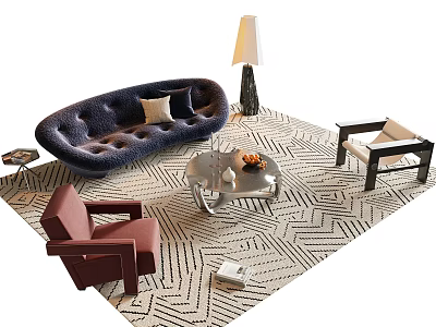 Stylish Sofa And Coffee Table Set With Tufted Dark Blue Upholstery Glass Top And Geometric Rug 3d model