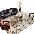 Stylish Sofa And Coffee Table Set With Tufted Dark Blue Upholstery Glass Top And Geometric Rug