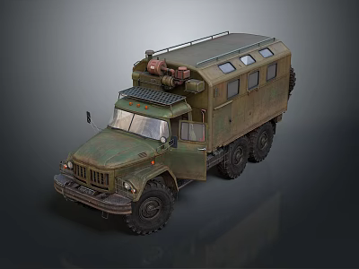 Vintage Army Green Six Wheel Drive Military Utility Vehicle With Roof Equipment 3d model
