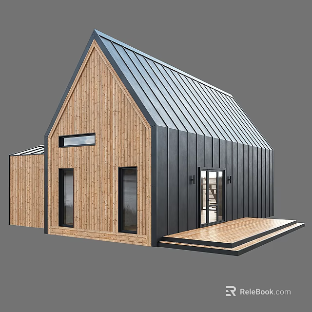 Modern Wooden House Exterior Design With Metal Roof Large Windows And Front Deck 3d model 