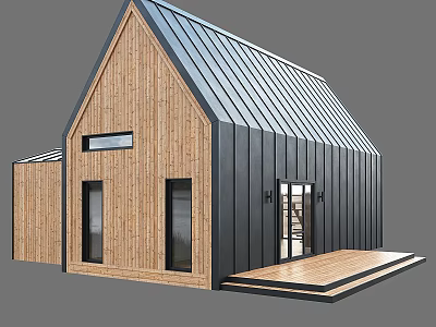 Modern Wooden House Exterior Design With Metal Roof Large Windows And Front Deck 3d model
