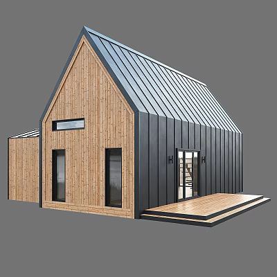 Modern Wooden House Exterior Design With Metal Roof Large Windows And Front Deck 3d model