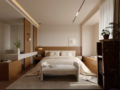 Modern Minimalist Bedroom Interior With Bed Bench Decorative Painting Rug And Natural Light 3d model