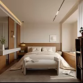 Modern Minimalist Bedroom Interior With Bed Bench Decorative Painting Rug And Natural Light