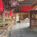 Traditional Chinese Restaurant Interior Featuring Bamboo Tables Chairs Red Lanterns Round Mirrors And Clay Pots