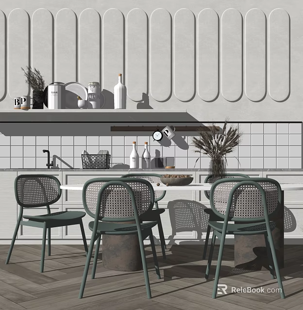 Modern White Dining Table Set With Green Woven Backrest Chairs And Kitchen Decor 3d model